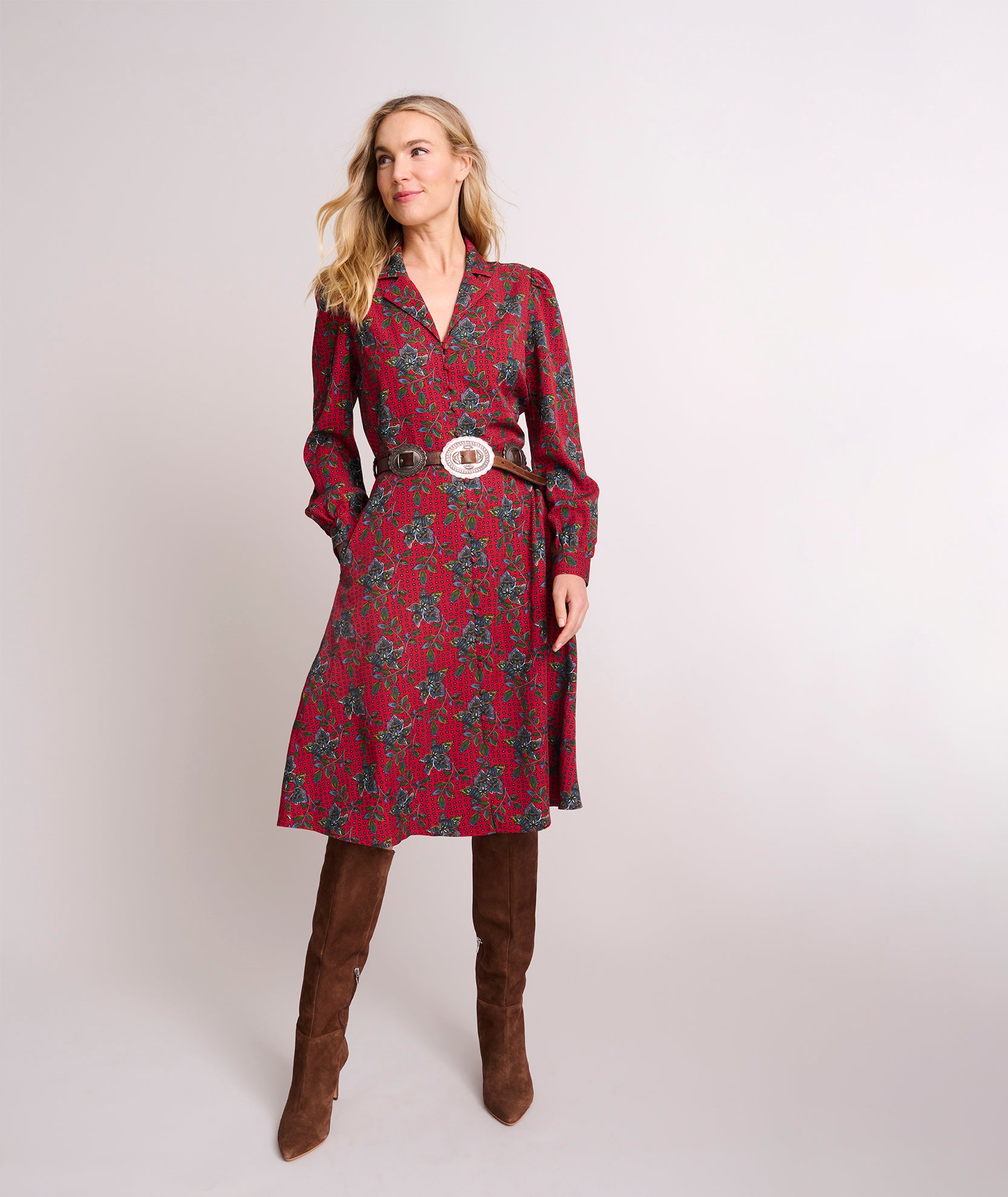 Model is wearing UNTUCKit Soft Bandana Paisley Jessa Dress in red.