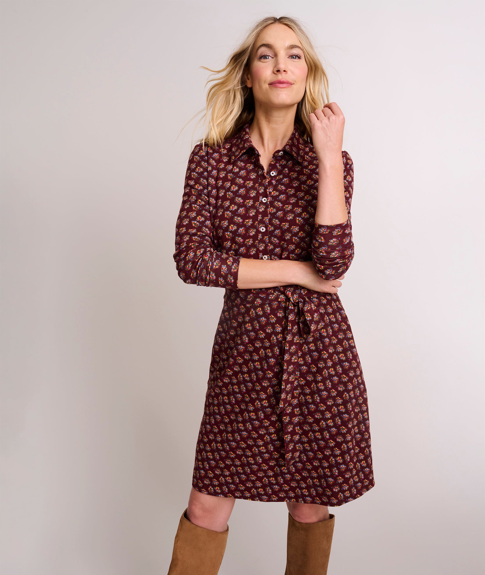 Model is wearing UNTUCKit Jersey Knit Romy Shirtdress in brown. 