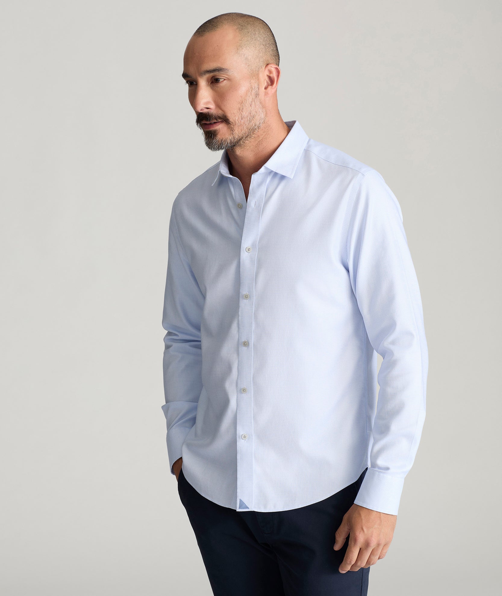 Model is wearing Douglas wrinkle free shirt.