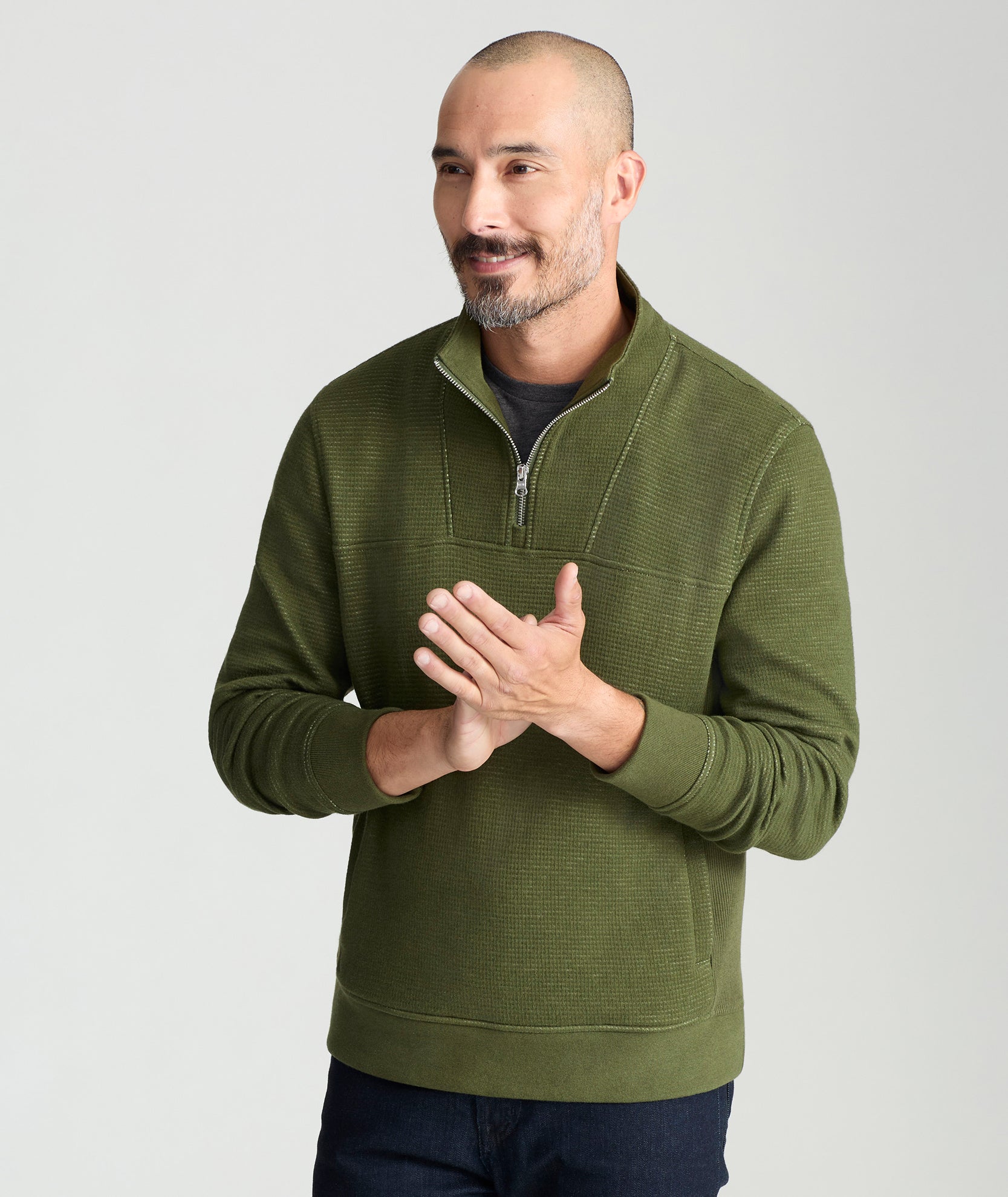 Model is wearing UNTUCKit Verzaro sweatshirt in green.