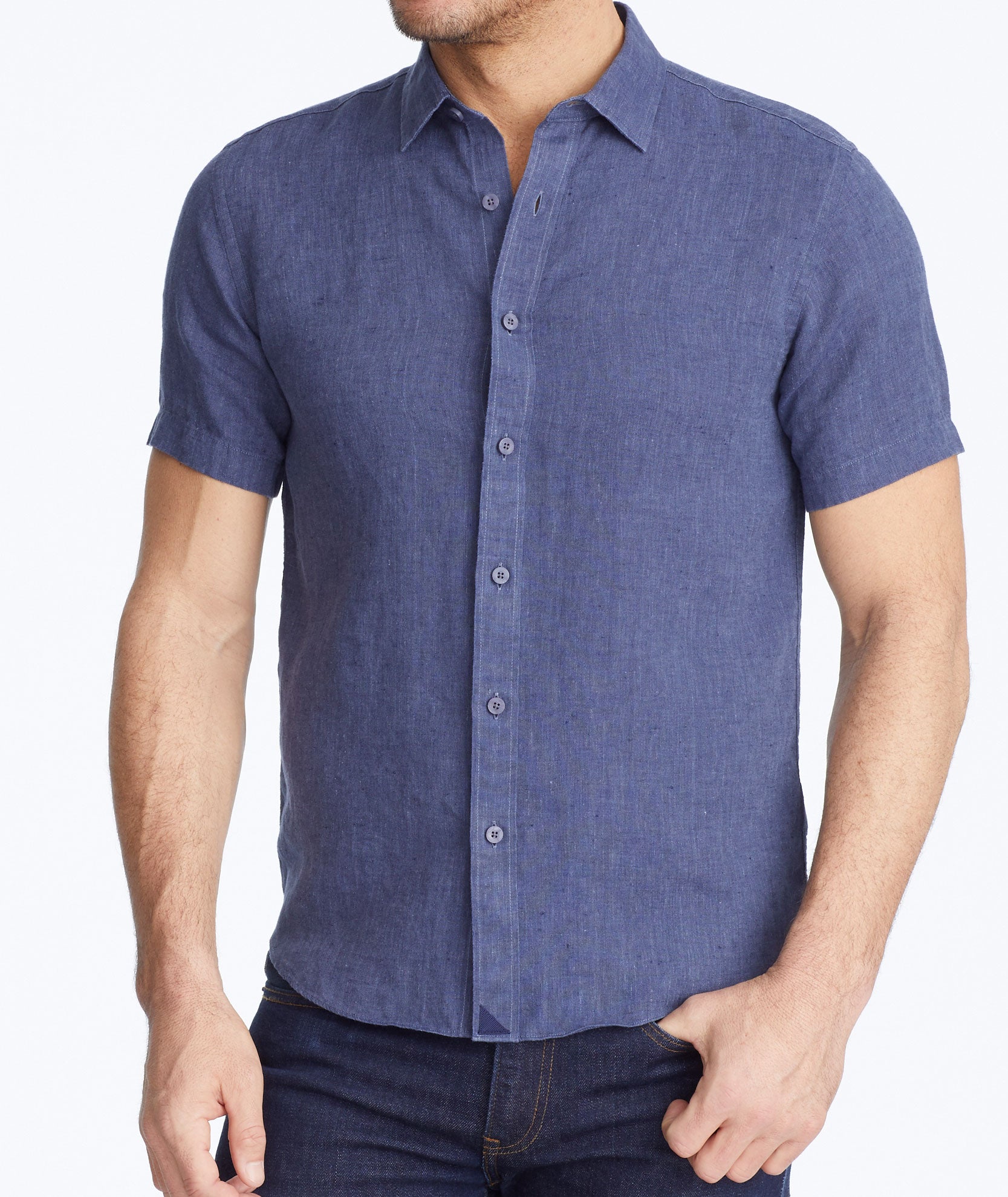 Model wearing a Navy Wrinkle-Resistant Linen Short-Sleeve Araujo Shirt