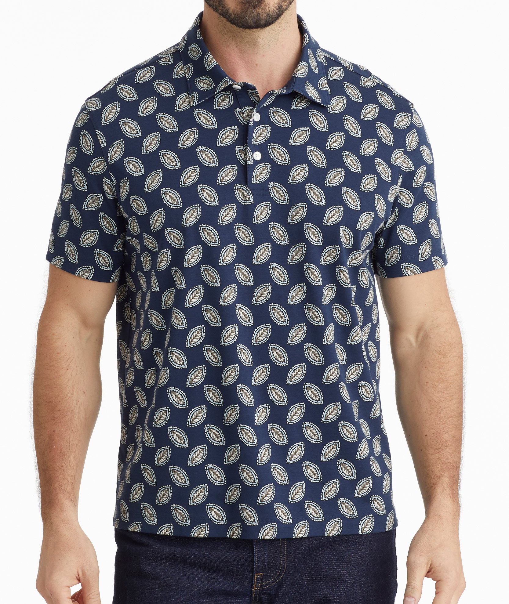 Model wearing a Navy Wrinkle-Free Printed Polo