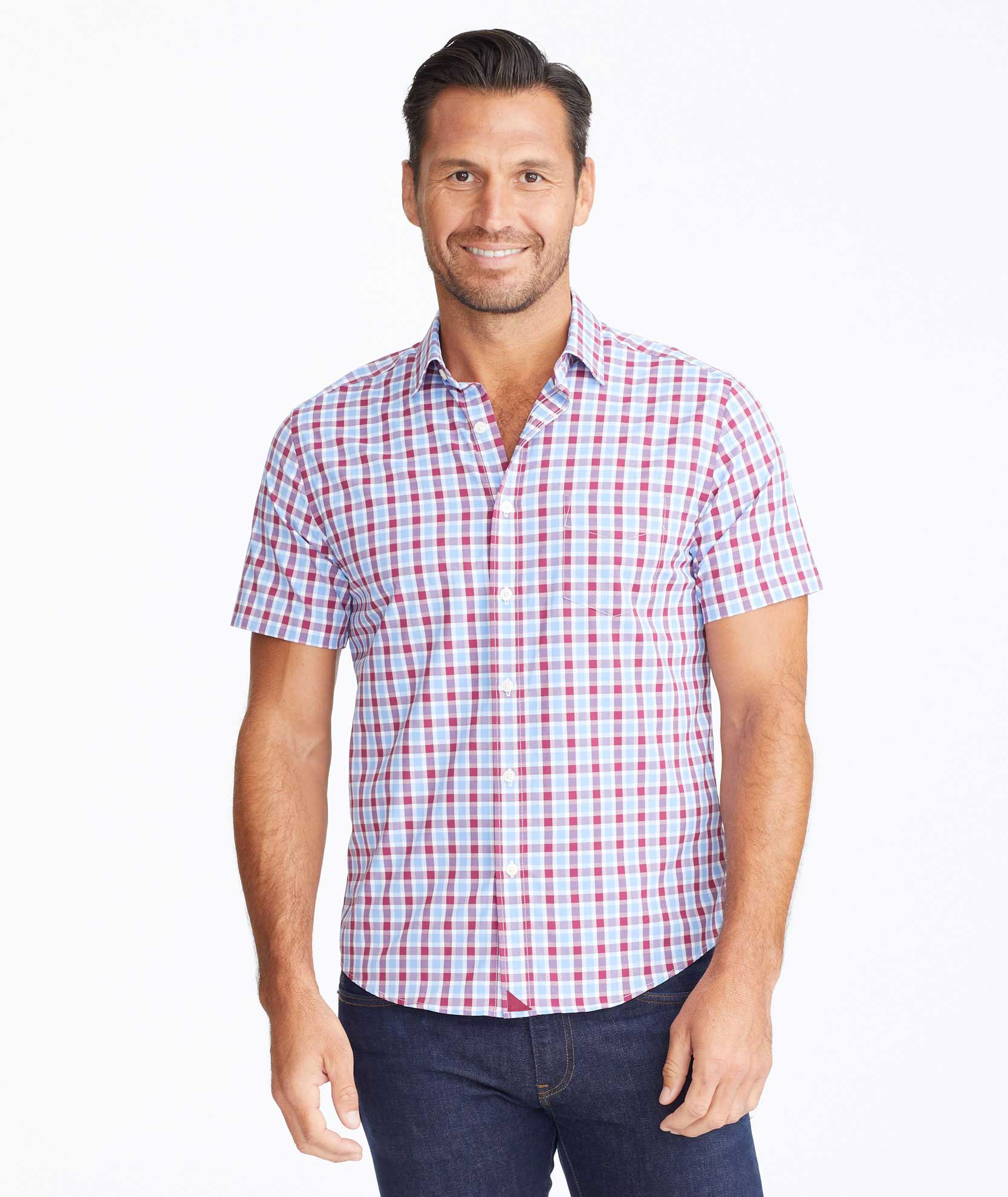 Model wearing a Light Blue Wrinkle-Free Performance+ Short-Sleeve Hopler Shirt