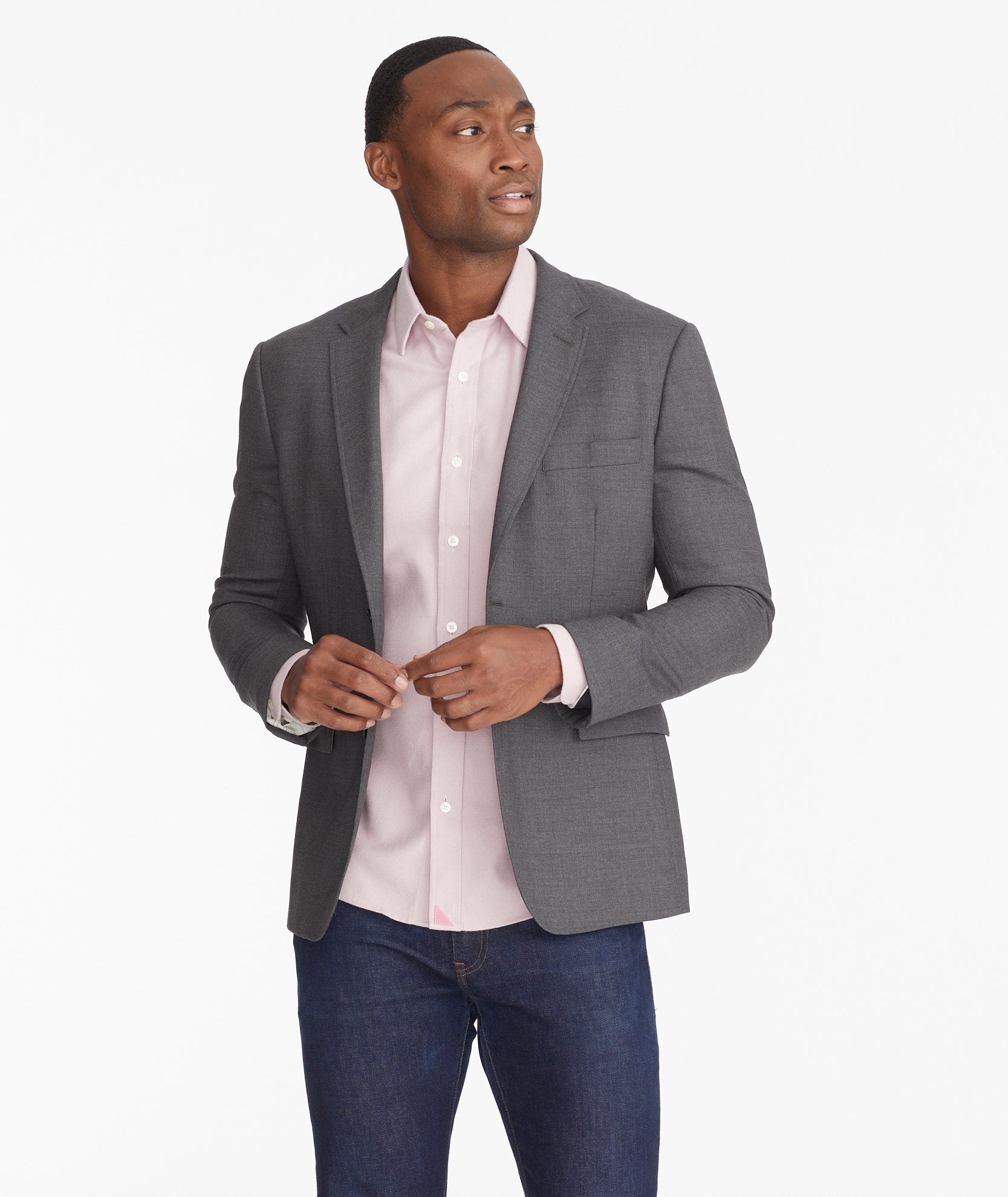 Model wearing an UNTUCKit Grey Wrinkle-Resistant Palazzo Sport Coat