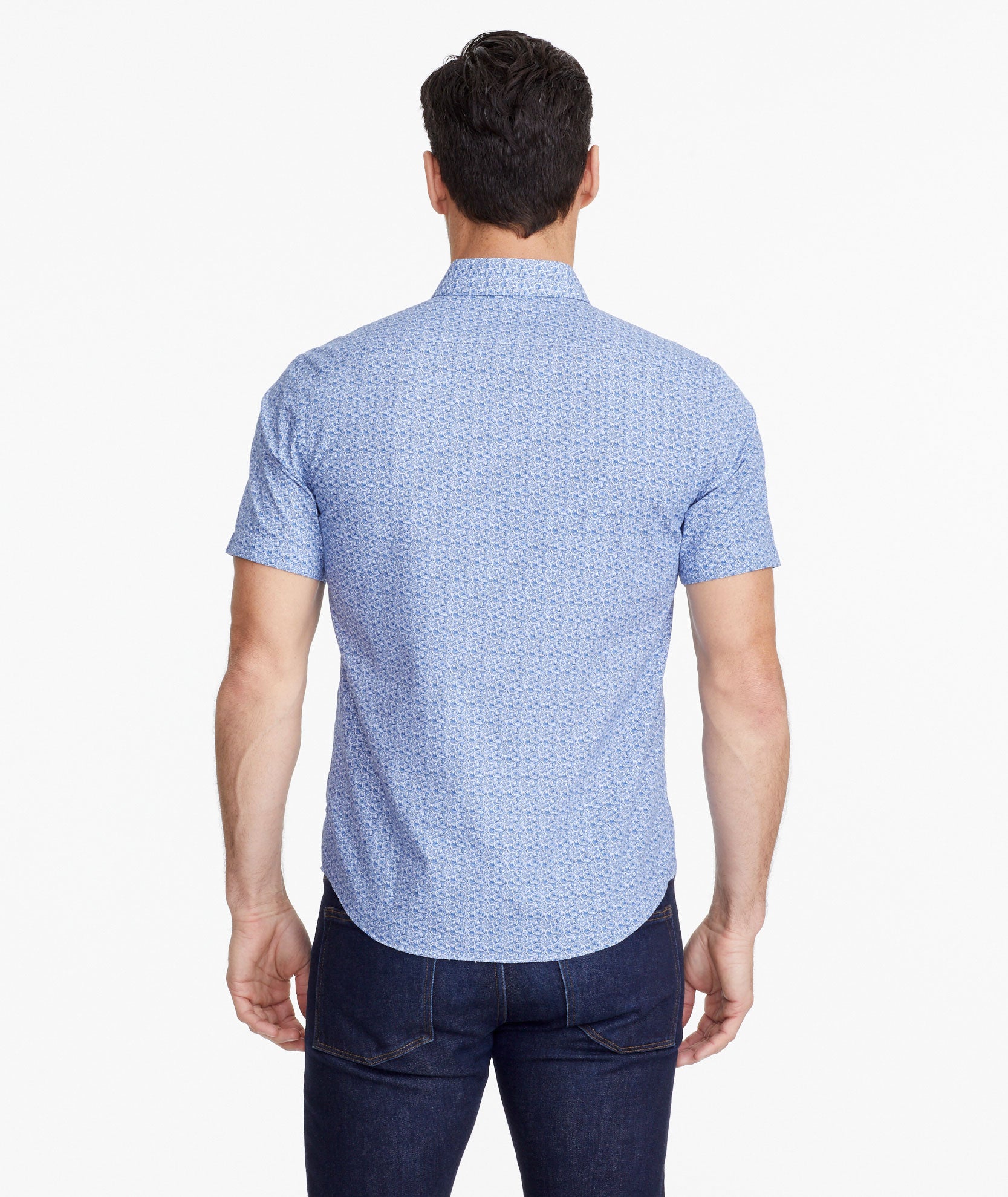 Model wearing a Blue Classic Cotton Short-Sleeve Tavira Shirt