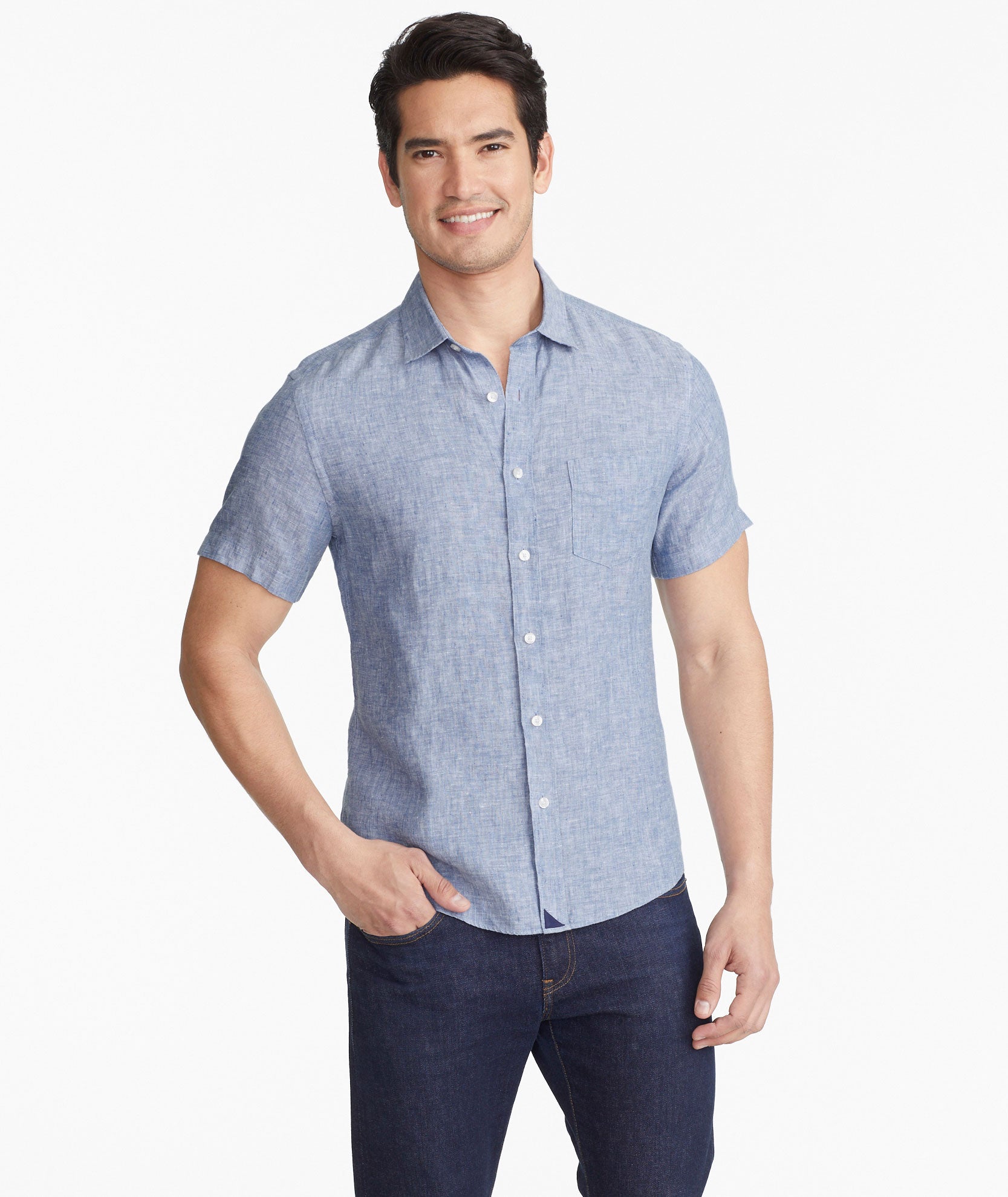 Model wearing a Blue Wrinkle-Resistant Short-Sleeve Linen Shirt